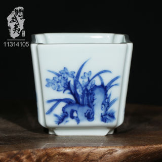 青花瓷祖传窑，四方花卉单杯