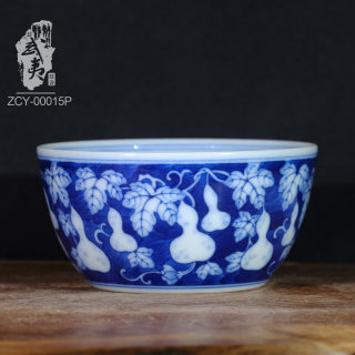 祖传窑，蓝地缠枝葫芦缸杯