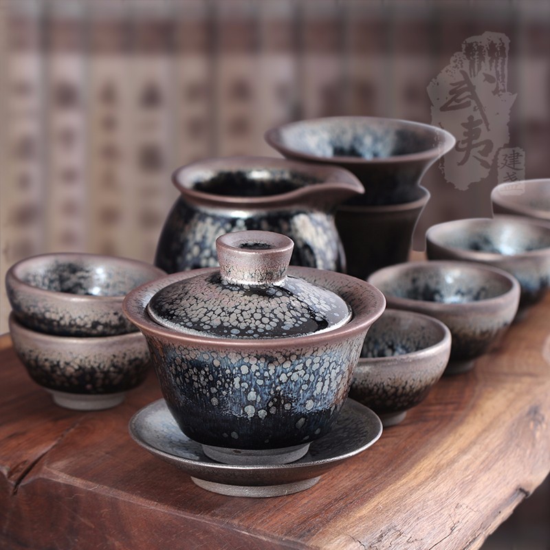 黑釉鹧鸪斑油滴盏茶具建盏套装